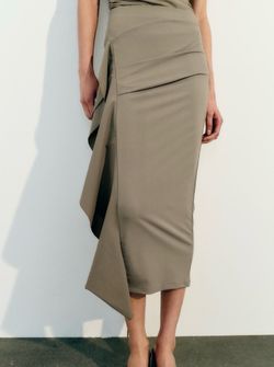 NWT Zara light khaki olive asymmetrical ruffle stretchy high waisted midi skirt, size M