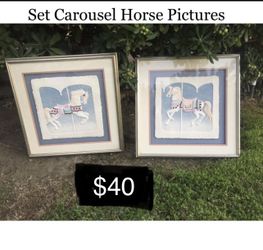 $40 CAROUSEL 🎠 HORSE PICTURES SET OF 2 WALL ART PAPER PASTELS PINK BLUE BABYS ROOM NURSERY MERRY GO ROUND LOVER COLLECTOR VINTAGE RARE WHIMSICAL 90s 