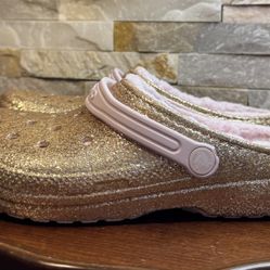 Juniors Sz 6 Classic Lined Glitter Clogs Mules Gold &  Barely Pink  