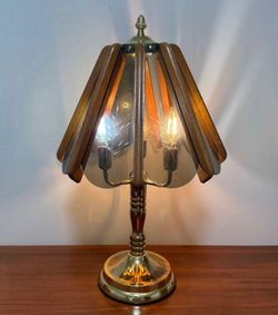 Vintage Mid Century Etched Smoke Glass And Wood Shade Brass Candelabra 3 Way Touch Table Lamp