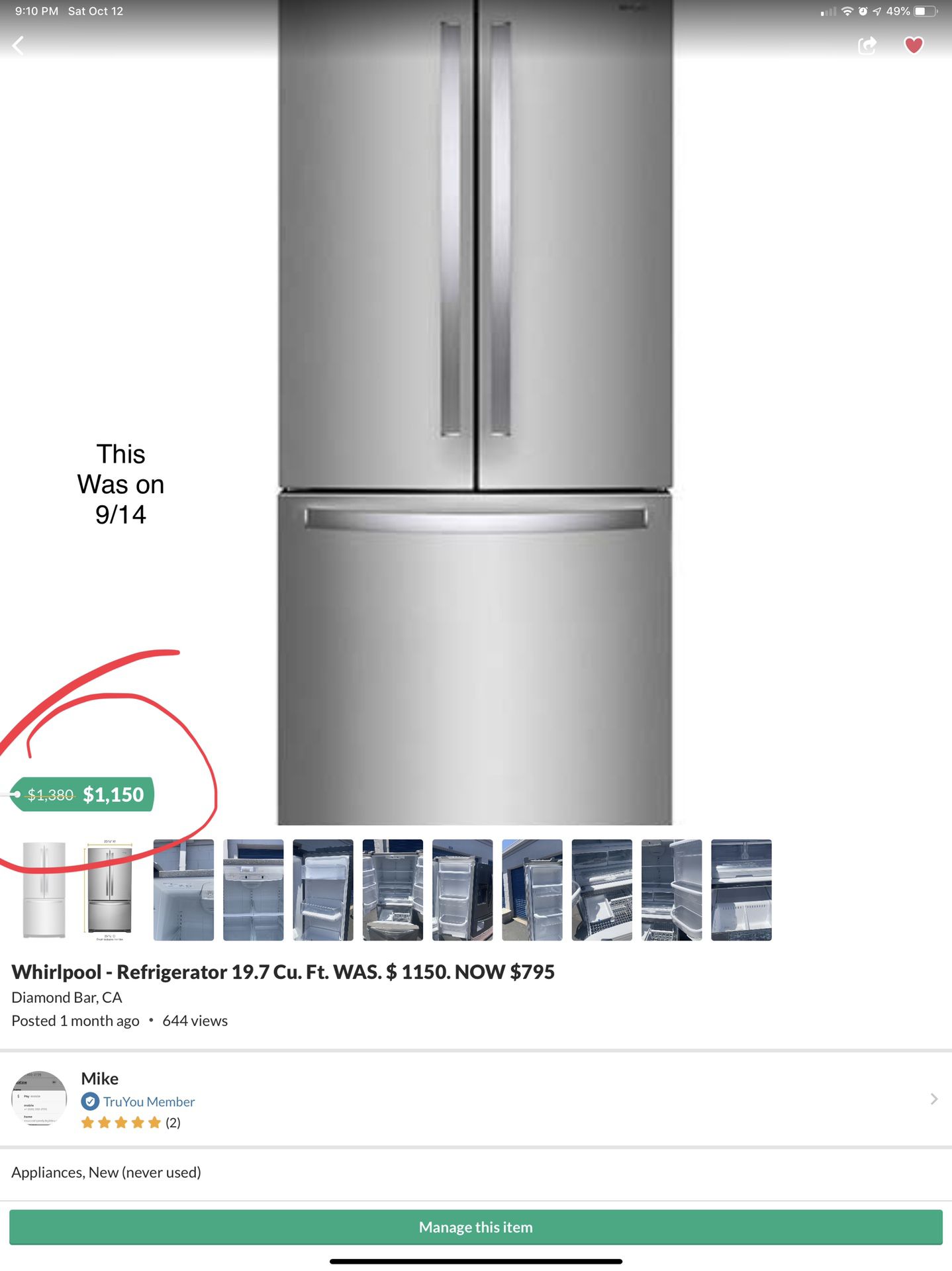 Whirlpool - Refrigerator 19.7 Cu. Ft. WAS. $ 1150. NOW $795