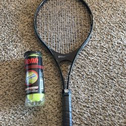 Wilson Cobra tennis racket + Penn Championship tennis balls – good used condition, strings intact.