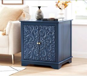 1 new 24" Wide Wooden Square Farmhouse End Table with Carved Floral Door