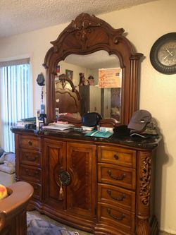 Bedframe ,matching dresser , round table and chest
