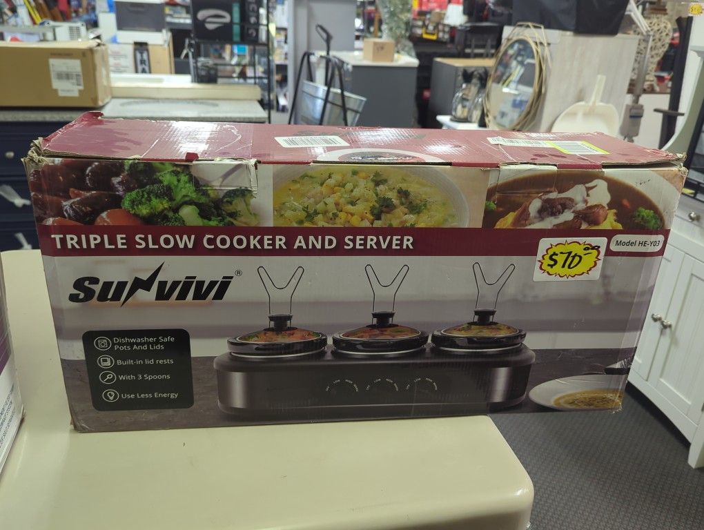 Sunvivi Slow Cooker, Triple Slow Cooker Buffet Server and Food Warmer, 3-Section 1.5-Quart Upgraded Oval Ceramic Pot with Stainless Steel Lid Rests, 3