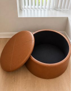 Round Cognac Faux Leather Storage Ottoman