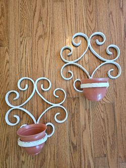 $35.00 - (2) Vtg Cast Iron Wall Planter Pot Holders!  Weathered Look/Gorgeous Scrollwork Design/Includes Plant Pots!