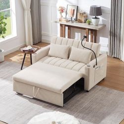 NEW 55.9 in. Beige Bella Fabric Twin Size Sofa Bed Convertible Loveseat Sofa with USB Ports, Cup Holders, Phone Holder