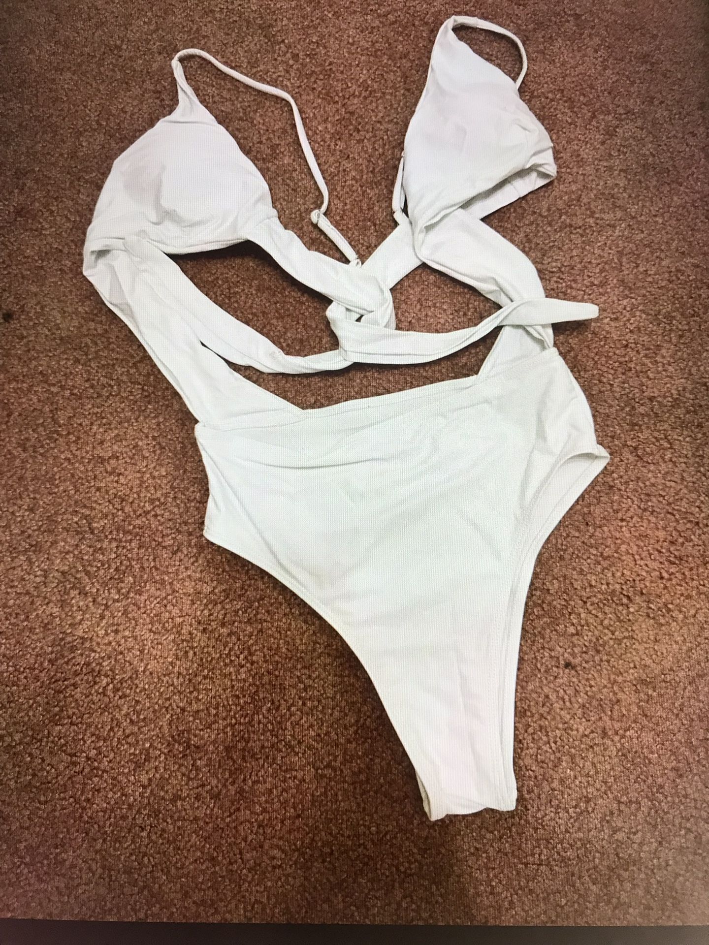 New Medium White Festival Rave Boho Bikini Swimsuit Bathing Suit One Piece