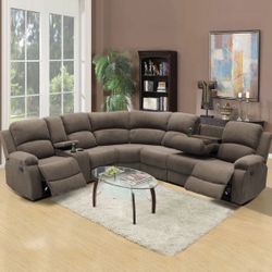 Brown Chenille Fully Reclining Wrap Around Sectional Couch