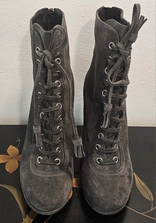 AllSaints Grimsby Boots 10 Gray Suede Lace Up High Heel US 7.5