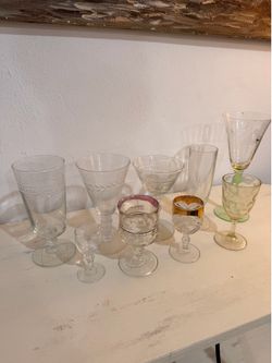 Lot of 9 vintage glass wine cups/drinkware + vintage salt and pepper shakers