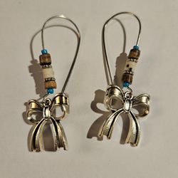 Silver Bow Charm Drop Earrings with Beads