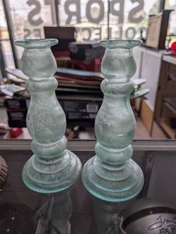 Vintage Spanish Recycled Glass Candlestick Pair Aqua Rustic Decor