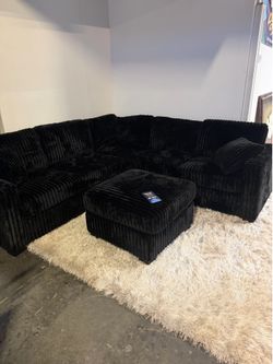 🛋️ New Black Corduroy Sectional Sofa with Ottoman L-Shape