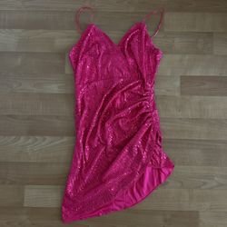 Double Crazy Hot Pink Sequin Bling V Neck Wrap SpaghettiStraps  DRESS Size Large
