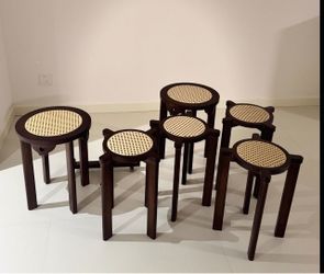 Set of 6 Dark Wood Cane Top Round Stools