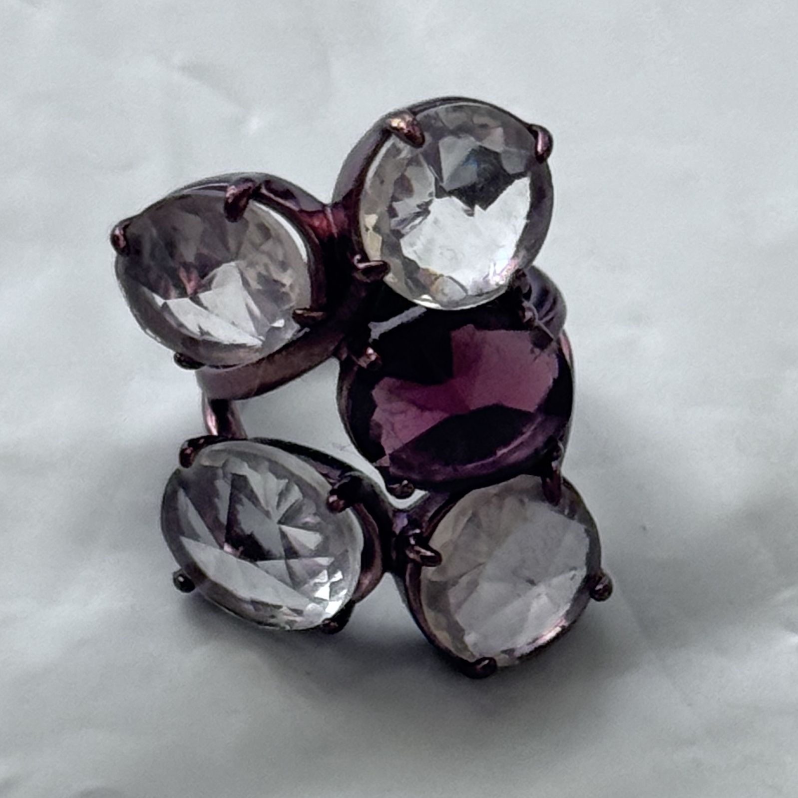 J.Crew Clear White & Purple Rhinestone Dark Metal Statement Ring, SIZE 6