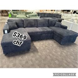 Black Corduroy Double Chaise Sectional Sofa // October Sale ! 