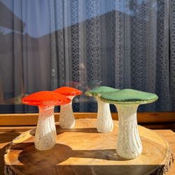 Hand Blown Glass Mushroom Figurines - Set of 4