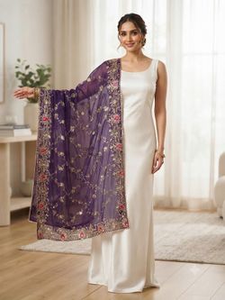 Purple  embroidered dupatta with floral motifs and red accents #wedding #bridal