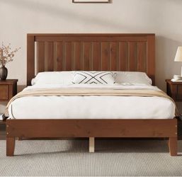 Solid Wood Full Platform Bed with Vertical Slat Headboard and Wooden Slat Support, Walnut
