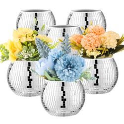 6 Pcs Disco Ball Vase Disco Ball Planter for Centerpieces Disco Ball Decor Flower Vase with Silver Mirror Glass for Wedding, Birthday, Party (3" X 4")