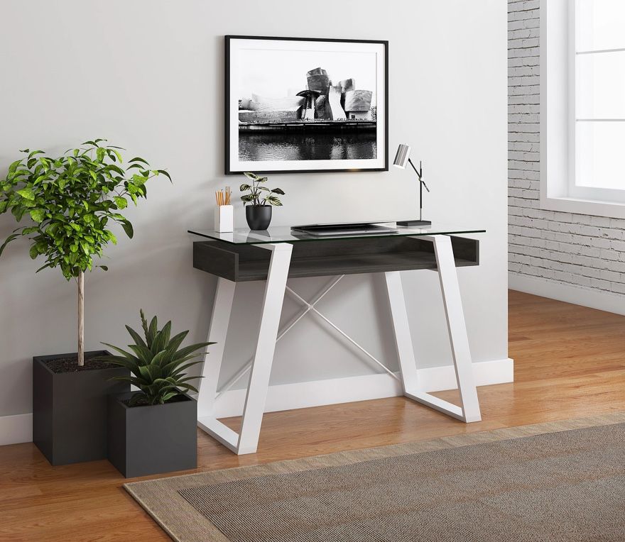 Elle Décor Lara 42”W Writing Desk, Cool Gray/Snow White