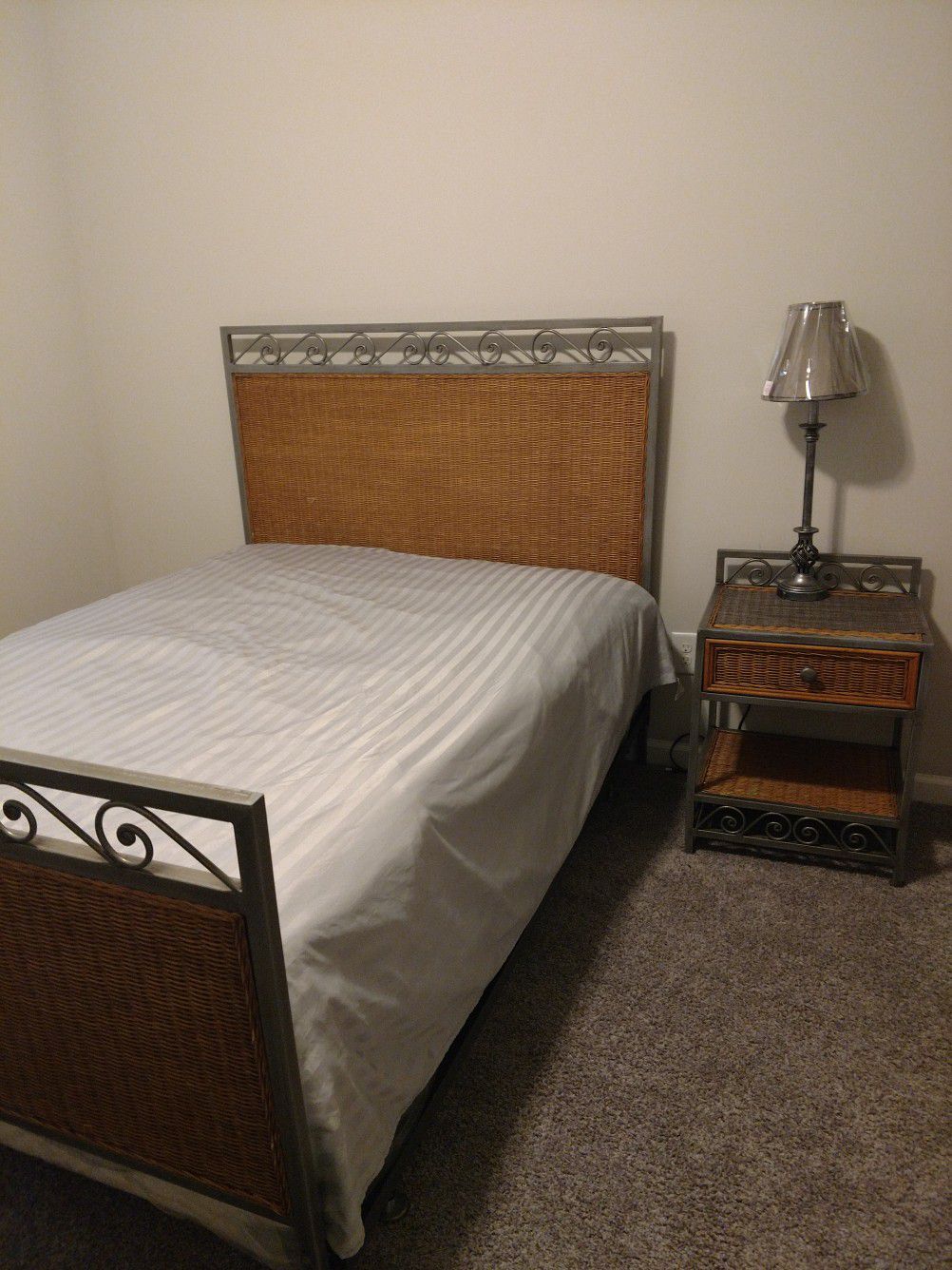 Full size bed frame, night stand and wall mirror