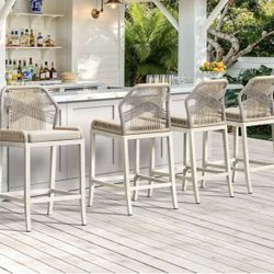 Modern Aluminum Twill Woven Outdoor Bar Stool , Counter Height Chair with Back and Cushion - 40.6"H - Apricot-Cream