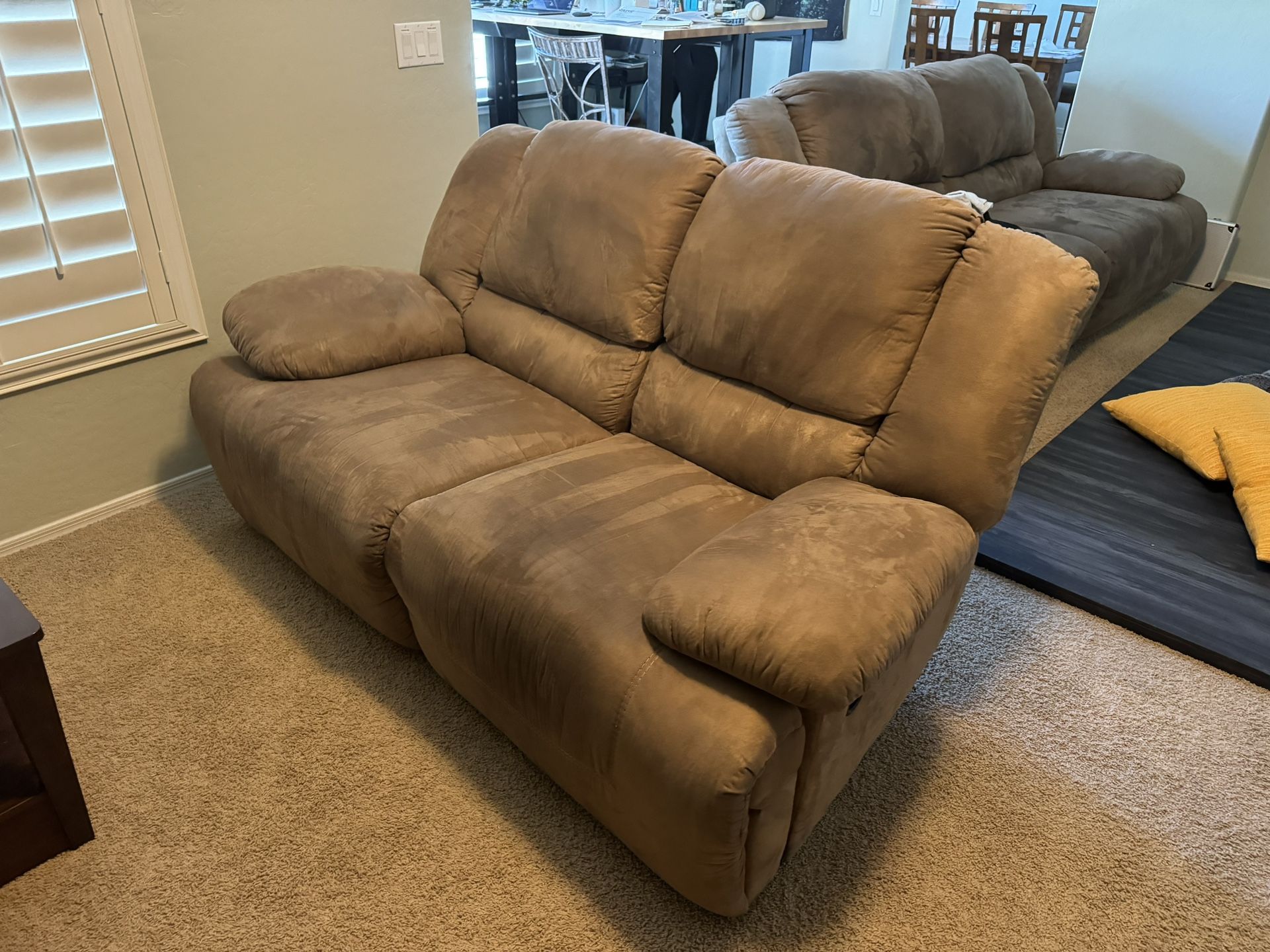 Reclining Couch + Love Seat, Coffee Table, End Table, Lamp