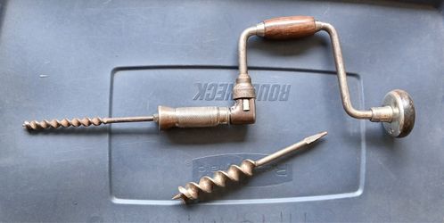 Steel vintage brace and bit hand drill with two auger bits
