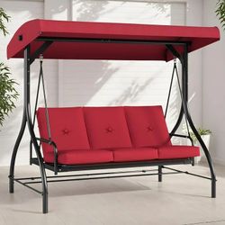 3-Seat Patio Swing, Outdoor Porch Swing with Adjustable Canopy & Cushions, Steel Frame, 750lbs
