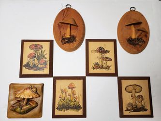 Ultimate 1970s Mushroom Art Lot! Botanical & Wood Prints, & Ceramic Snail