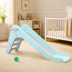 Indoor Slide, Foldable Baby Climber Playset with Basketball & Hoop 63 in Extra Long Slope, Non-Slip Steps, Sturdy Plastic, Outdoor Playground for Back