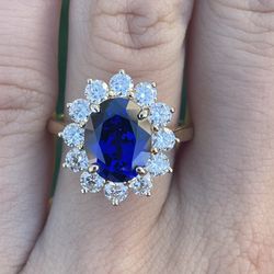 Sapphire With Moissanite Diamond Halo Princess Diana Engagement Ring