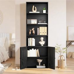 Functional Wooden Bookshelves and Bookcases with Doors and Cabinet – 6-Shelf Freestanding Bookcase, 70.86” Tall, Perfect for Home, Office, Living Room