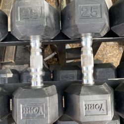 York 25lb Hex Rubber Dumbbell Set Weights 