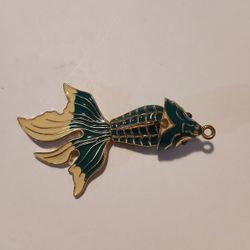 Vintage Cloisonne Green and Gold Enamel Articulated Fish Pendant