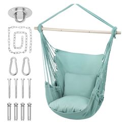 Green / Gray Cotton Rope Swing Hammock Chair with Fixed Kit and Cushion