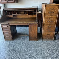 Antique Roll Top Desk And Wood File Cabinet 