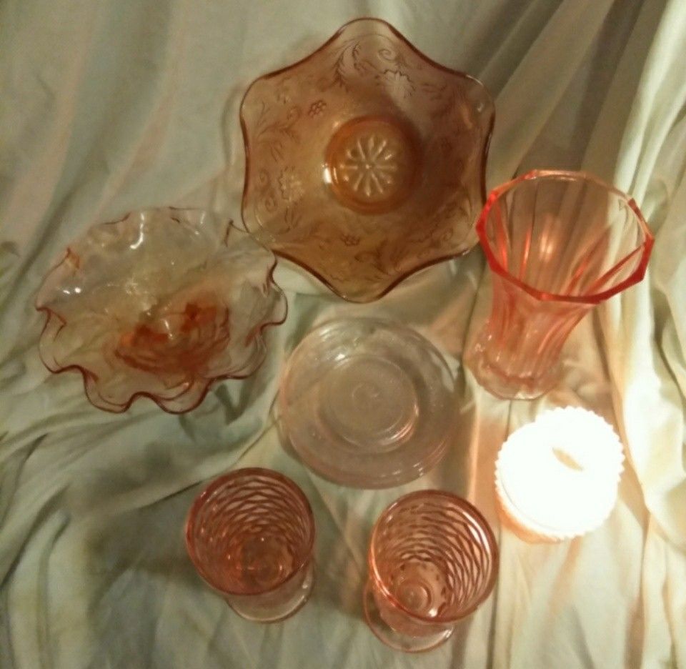 Pink depression glass set mismatched patterns flawless condition asking 50