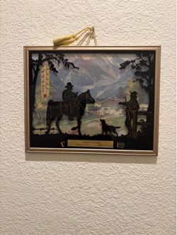 Vintage Reverse Glass Silhouette Western Scene with Thermometer