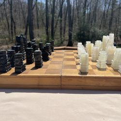 Hand Carved Mexican Marble Onyx Complete Aztec Chess Set Black White In Case