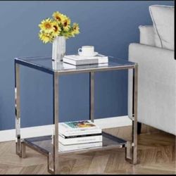 Glass End Table 2-Tier Tempered Glass Side Table Silver Metal Nightstand with Shelf