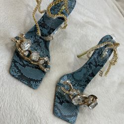 New! Blue Python And Crystal Heels Sz 11