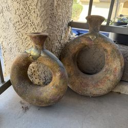 Vintage Stoneware Donut Vessel with Copper/Brass Accent Garden Vases Decor