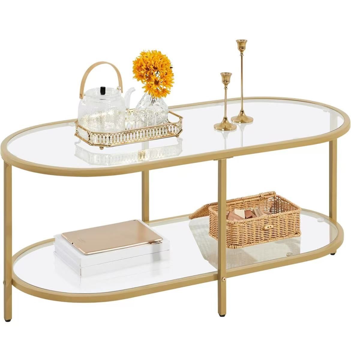 42-inch Oval Glass Side Table for Living Room, 2-Level Center Table with Storage Shelf for Small Spaces, Office $ 80