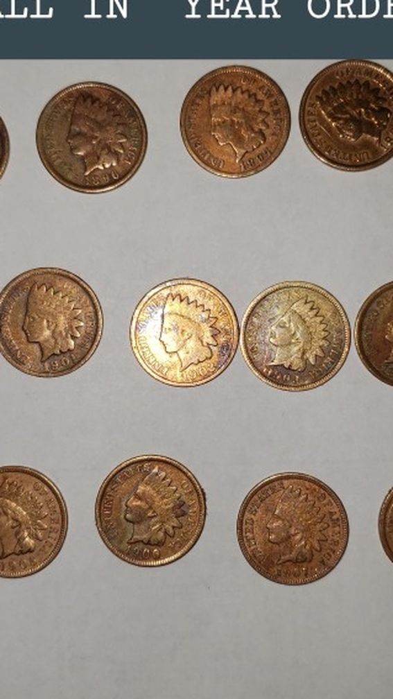 14 INDIAN HEAD PENNY YEAR All In ORDER Year 1895-1908