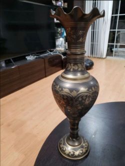Vintage Made in India 18" Etched Brass Vase